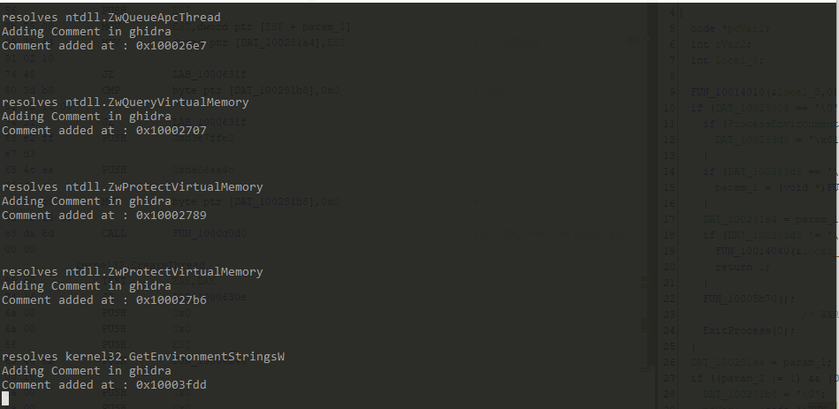 Result after executing the script Result of api hashing script